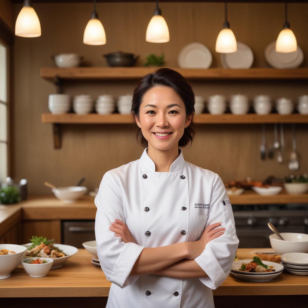 Akemi Hayashi in her kitchen with Japanese dishes